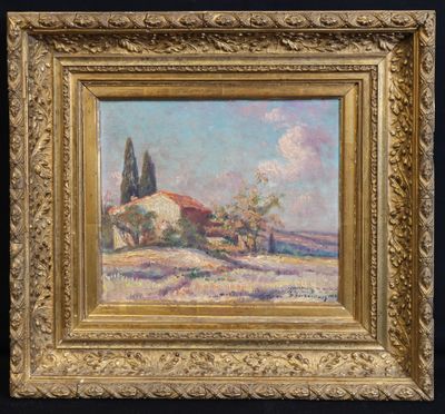un tableau représentant un paysage avec une maison et des arbres