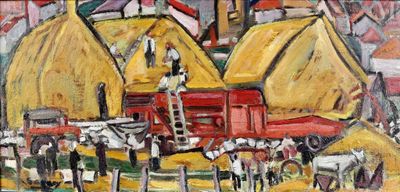 a painting of a farm scene with a red tractor