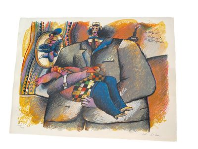 painting of a man and woman sitting on a couch with a mirror in the background