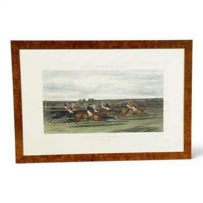 an image of a painting of a horse race with jockeys and horses