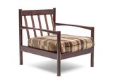 an image of a wooden chair with a plaid cushion on it