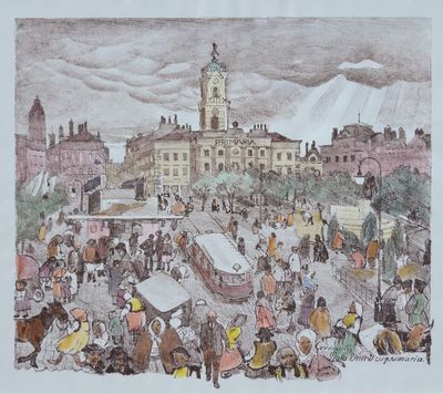 dessin représentant une foule nombreuse se promenant sur la place d'une ville