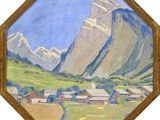 une image représentant un tableau d'une montagne avec un village en contrebas