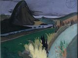 peinture représentant un paysage avec une rivière et une montagne en arrière-plan