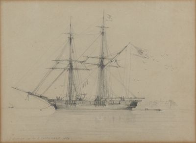 dessin représentant un bateau sur un plan d'eau, avec des oiseaux qui volent autour