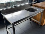 a stainless steel sink and a counter in a kitchen