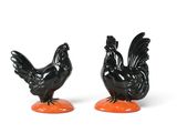 pair of black and orange rooster salt and pepper shakers
