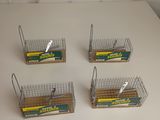 quatre cages à oiseaux contenant des oiseaux, posées sur une table blanche