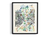 peinture abstraite dans un cadre noir sur un mur blanc, avec des touches de bleu et de vert