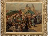 un vieux tableau représentant une scène de marché où des gens vendent des marchandises