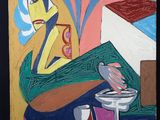 un tableau représentant une femme assise à une table avec un verre de vin