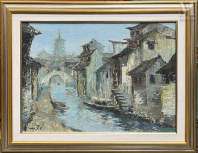 une peinture à l'huile représentant une scène de rue avec un bateau sur l'eau
