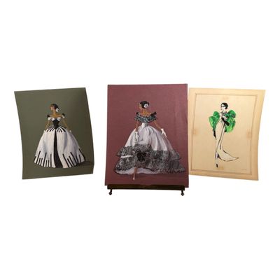 three greeting cards of a woman in a dress and a man in a dress