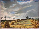 an oil painting of hay bales in a field under a cloudy sky
