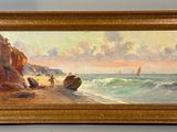 a painting of a boat on the beach by the water