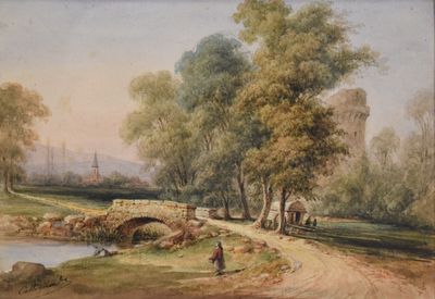 un tableau représentant des personnes marchant sur un sentier au bord d'une rivière