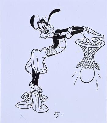 an ink drawing of a goofy character throwing a basketball hoop