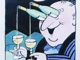 a poster with a cartoon of a man pouring wine into a glass