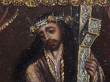 an old painting of a man with a crown holding a cross