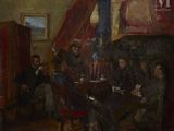 tableau représentant un groupe d'hommes assis autour d'une table dans une pièce