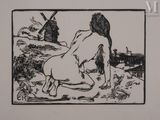 an ink drawing of a nude woman sitting on the ground