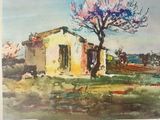 framed watercolor painting of a house and a tree in a field