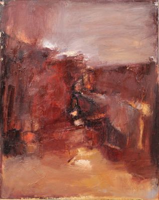 an oil painting of a room with a couch and a table