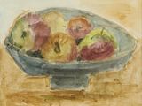 un tableau représentant des pommes dans un bol posé sur une table