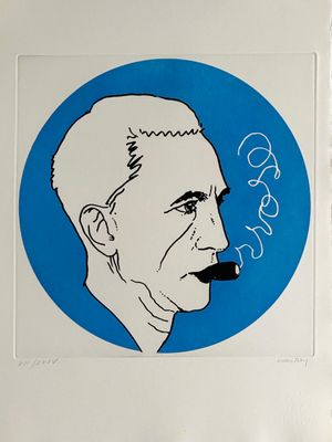 dessin représentant un homme avec une pipe à la bouche, devant un cercle bleu