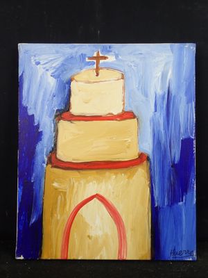 une peinture représentant un gâteau à trois étages surmonté d'une croix