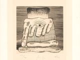 a black and white drawing of a hand holding a piece of bread