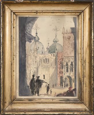 une image représentant un tableau où l'on voit un homme et une femme marchant dans une rue