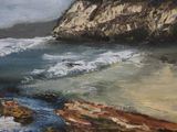 an oil painting of a rocky beach with waves crashing against a cliff