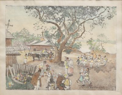 a painting of a group of people standing around a tree