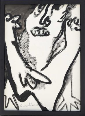 a black and white drawing of a man ' s face in a black frame