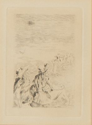 un vieux dessin en noir et blanc représentant un groupe de personnes assises sur une plage