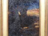 une peinture à l'huile représentant un taureau dans un champ, avec le ciel en arrière-plan