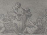 un dessin représentant une femme à cheval avec un groupe d'enfants