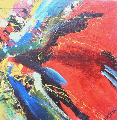 peinture abstraite représentant un oiseau rouge et bleu sur fond rouge