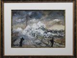 painting of a steam engine train coming down the tracks in the snow