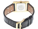 an image of a wrist watch with a leather band and a gold buckle