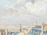 une peinture représentant une vue d'une ville depuis une fenêtre