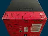 a red box with a black lid on a blue background