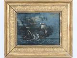 une peinture à l'huile représentant un bateau sur un plan d'eau
