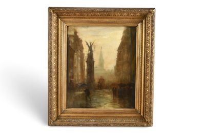 une peinture à l'huile représentant une rue de la ville avec une statue en arrière-plan