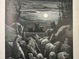 a black and white picture of a sheep herding at night