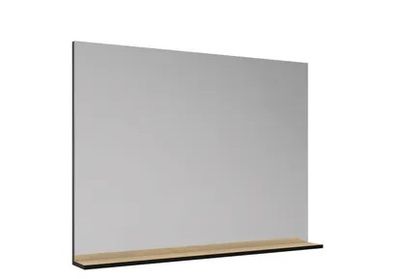 a white mirror with a wooden shelf on top of it