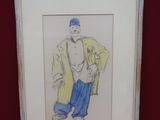 painting of a man in a yellow coat and blue pants