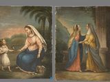 deux tableaux représentant une femme et un enfant avec un oiseau dans un paysage