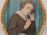 portrait of a woman in a brown dress holding her hand to her head